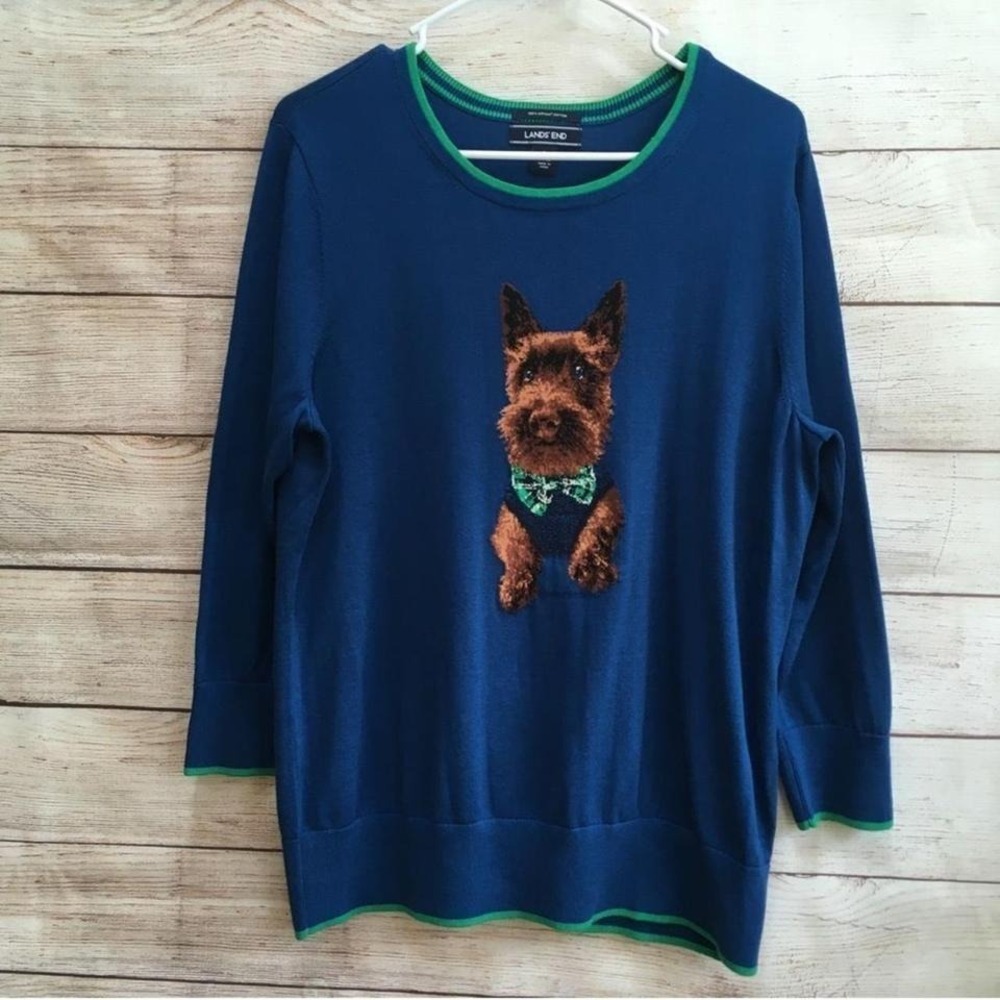 LANDS END SUPIMA COTTON SWEATER WITH EMBROIDERED TERRIER DOG